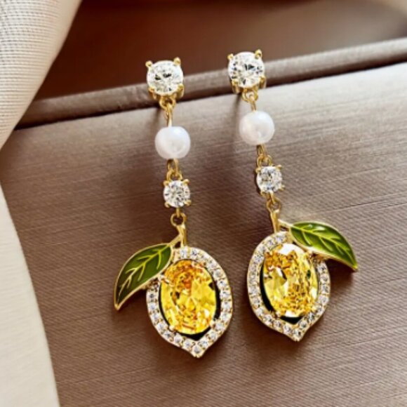 Curated by Megan Jewelry - Lemon Earrings - Stud with drop dangle - gold plated - rhinestones & faux pearls